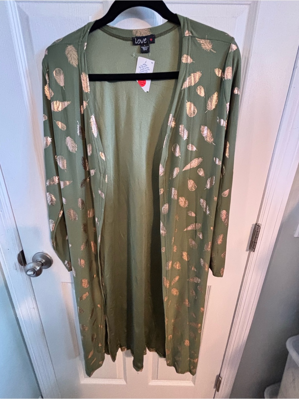 😍🍂Love Olive Green Kimono with Metallic Gold Feather Print SZ Large
